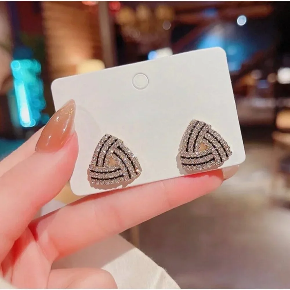 NWT 14K Gold Plated Interlocking Triangle CZ Pave Stud Earrings - Picture 7 of 12